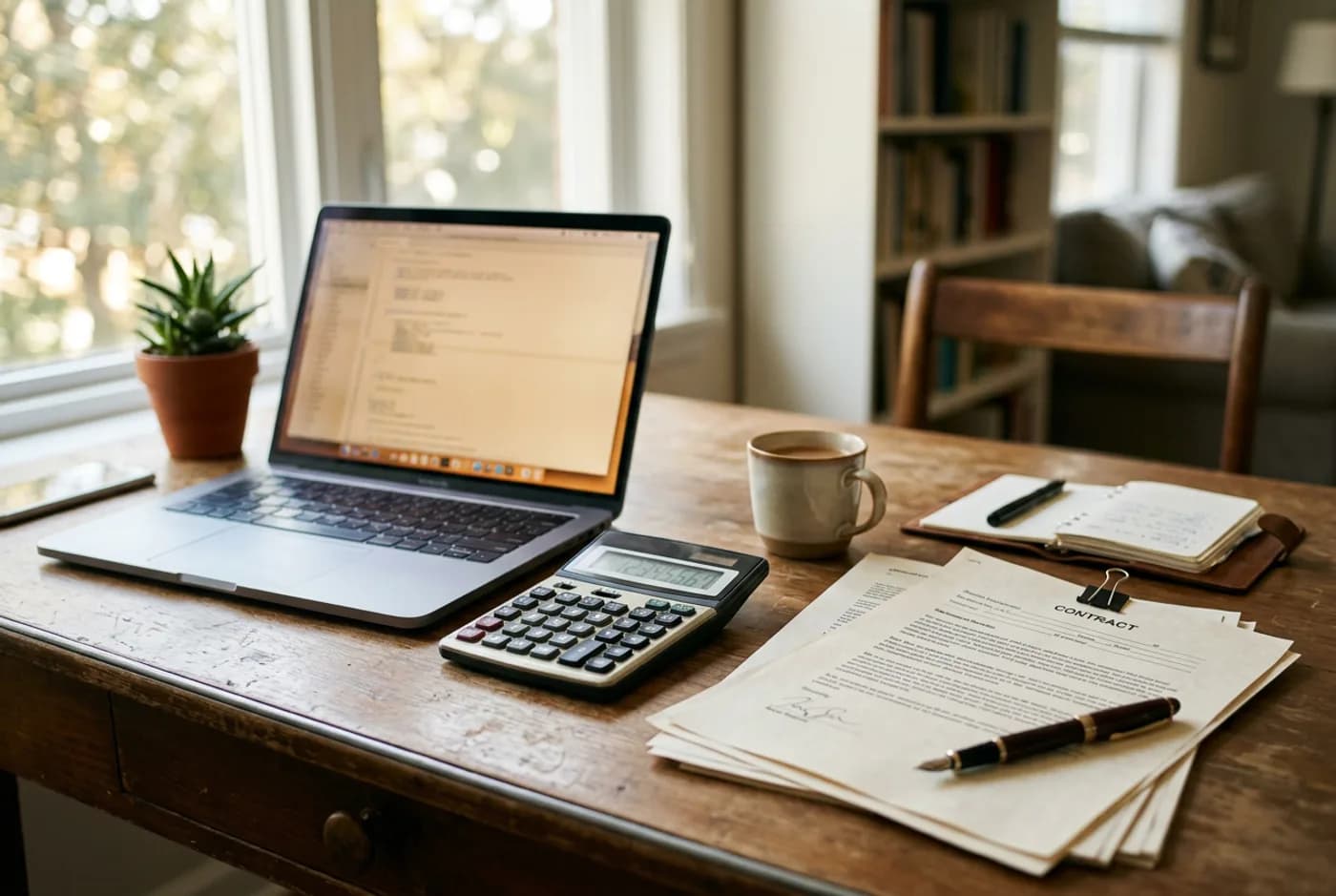 Escritorio de autónomo con portátil, calculadora y contratos impresos para decidir entre comprar, renting o leasing